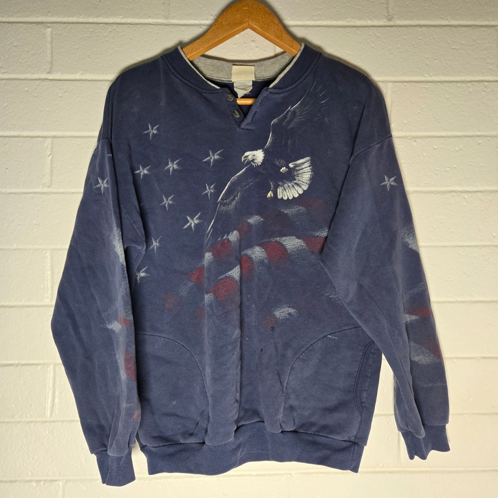 Vtg Artisans Bald Eagle Patriotic American Flag Henley Sweatshirt Faded XL USA